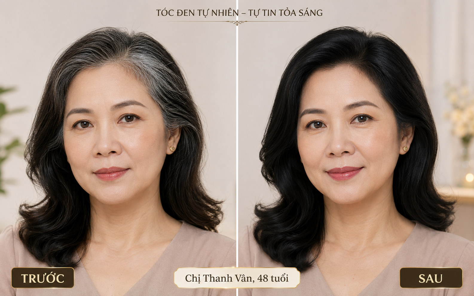 Before After tóc bạc chị Thanh Vân 48 tuổi