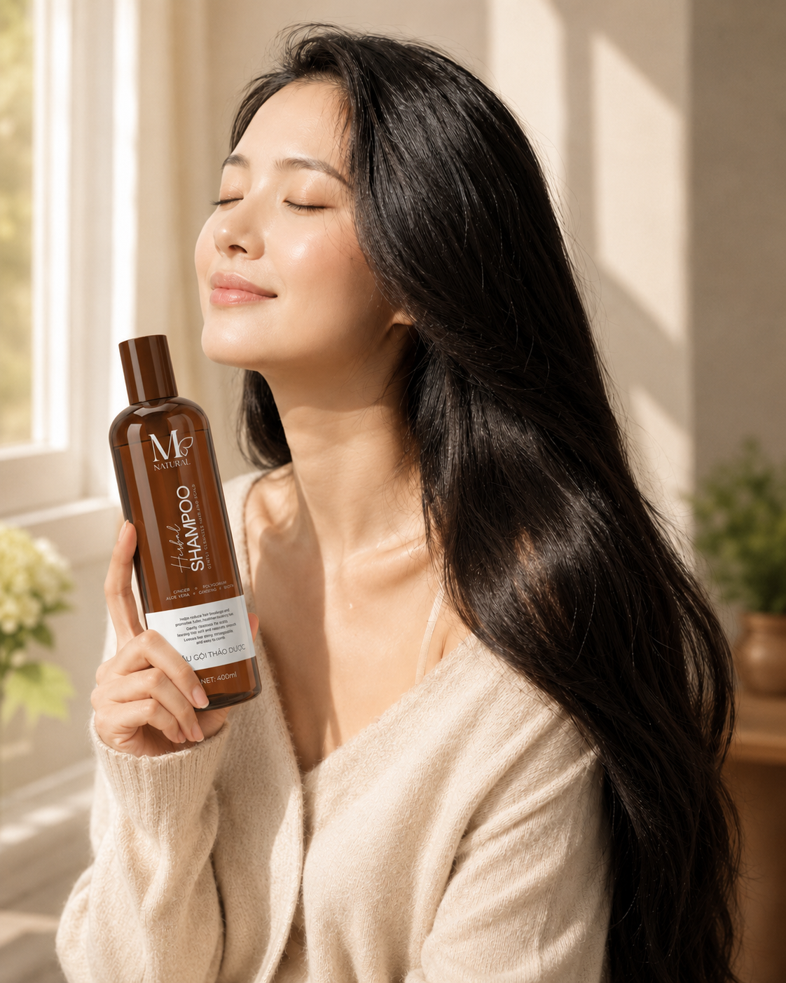 Phụ nữ Việt cầm chai dầu gội M Natural Hà Thủ Ô