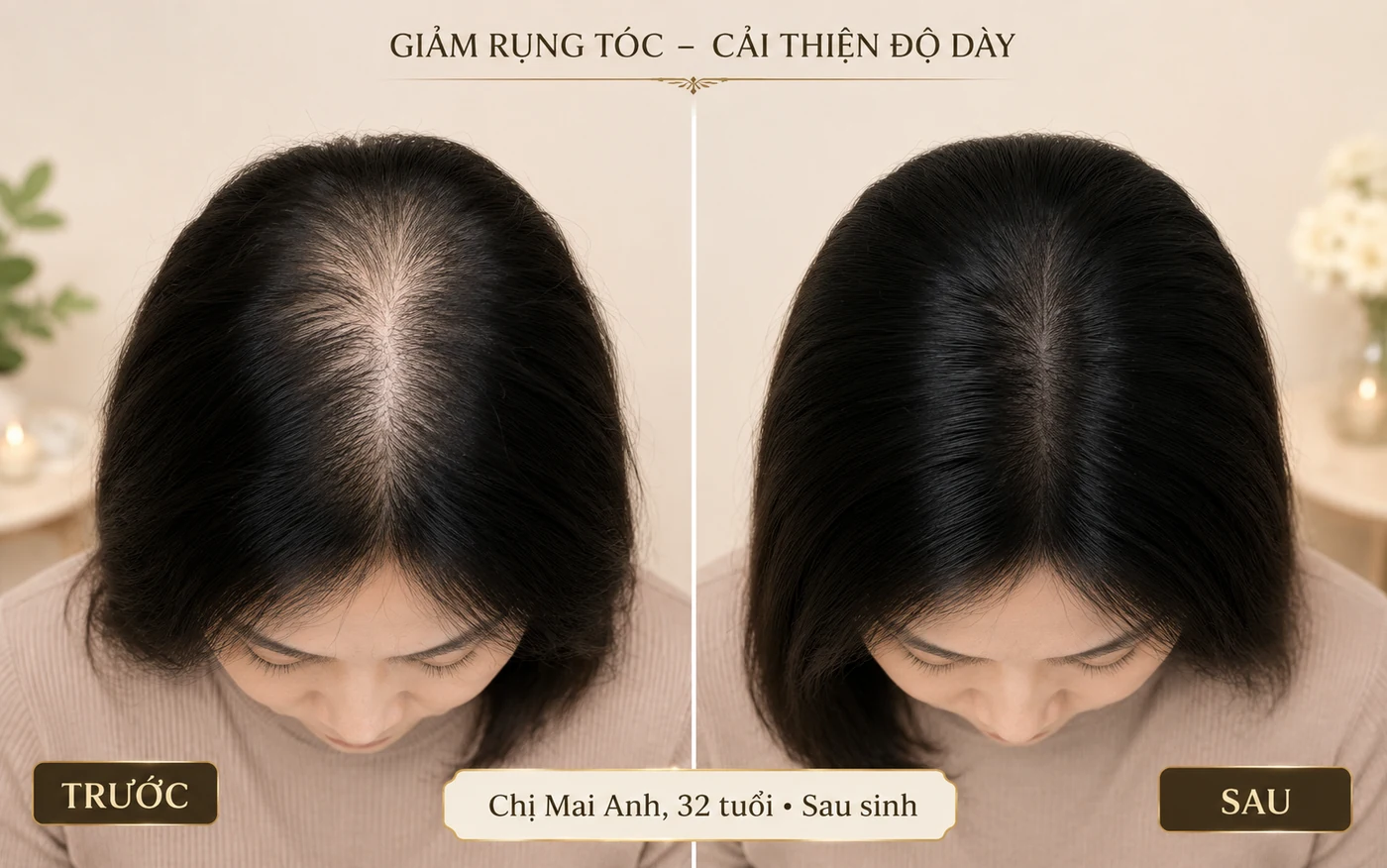 Before After rụng tóc chị Mai Anh sau sinh