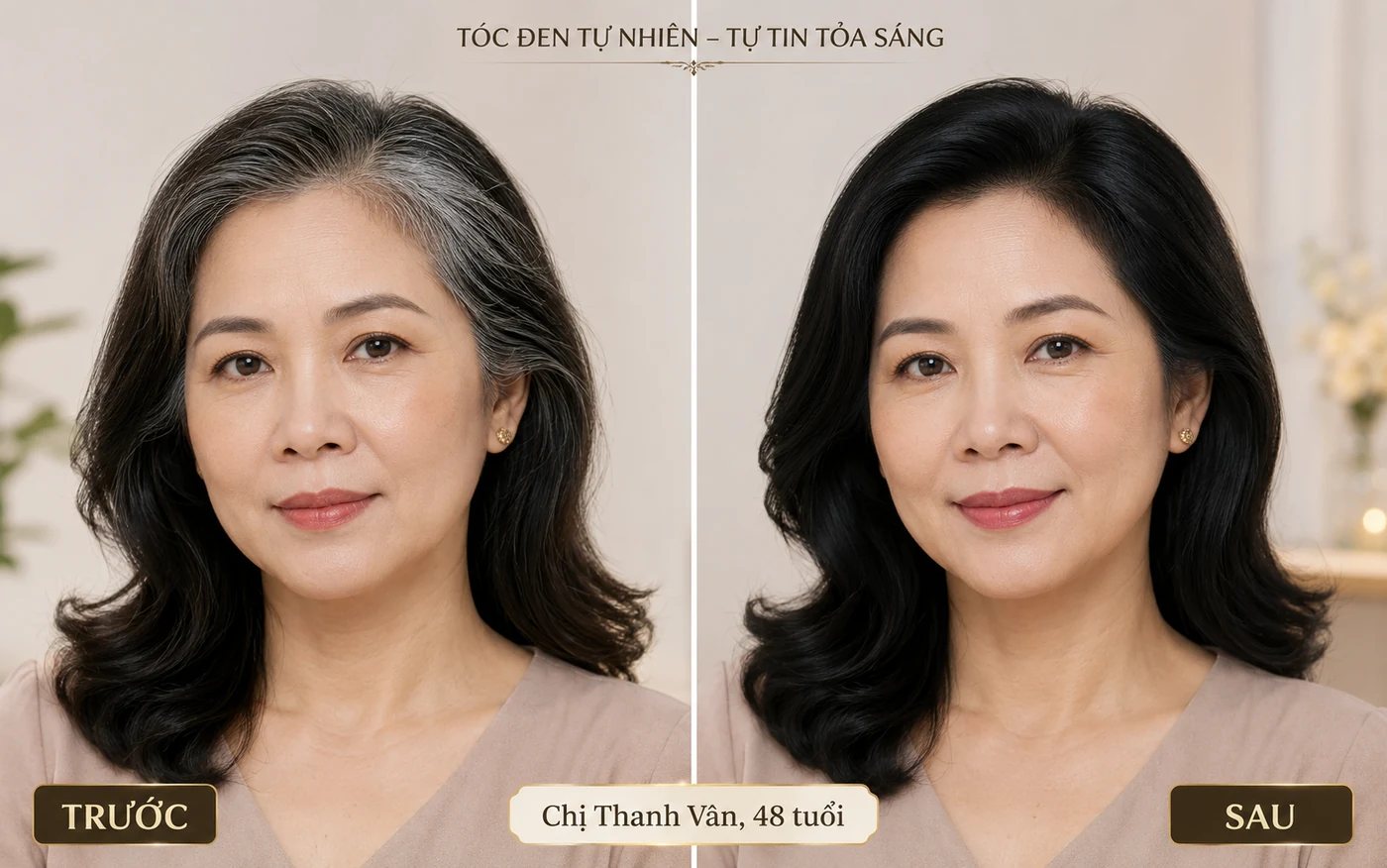 Before After tóc bạc chị Thanh Vân 48 tuổi