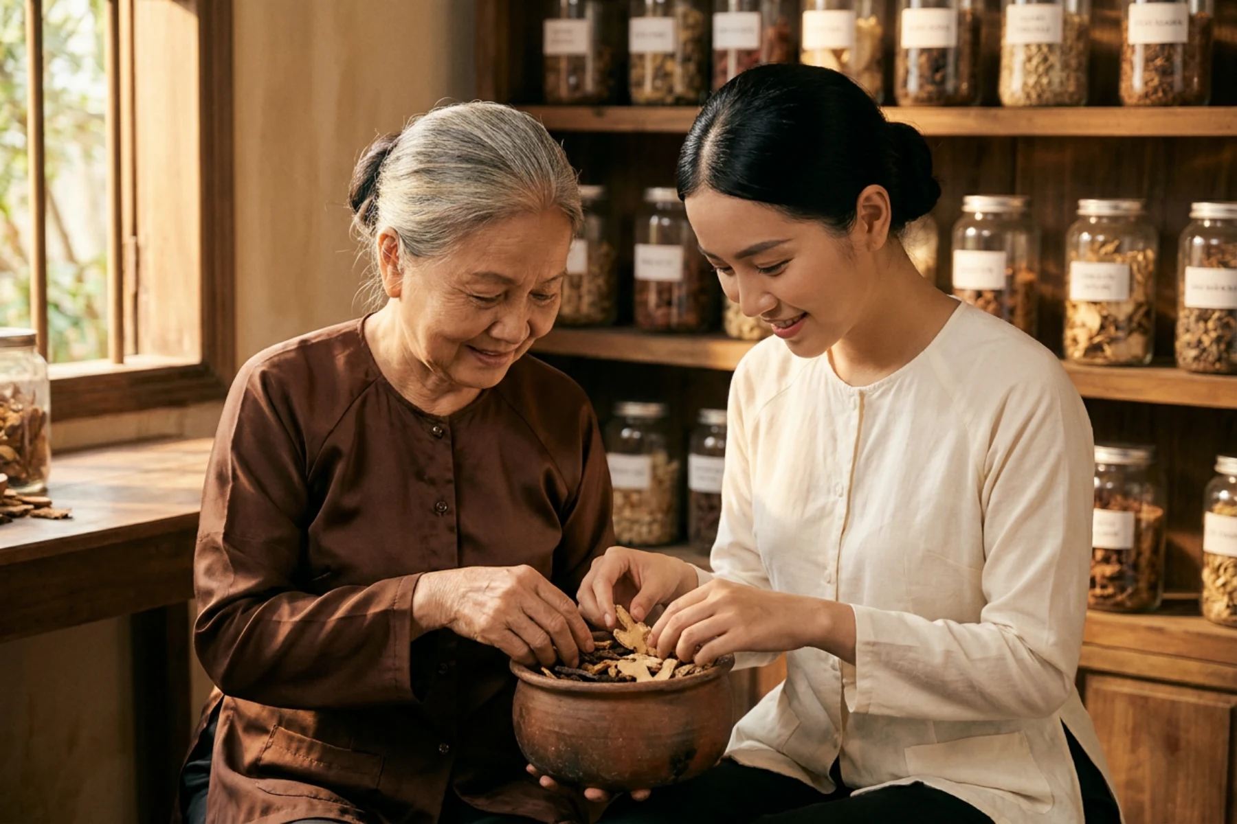 Bà và cháu Việt Nam cùng phân loại thảo dược gừng hà thủ ô - M Natural gốc gác dân gian