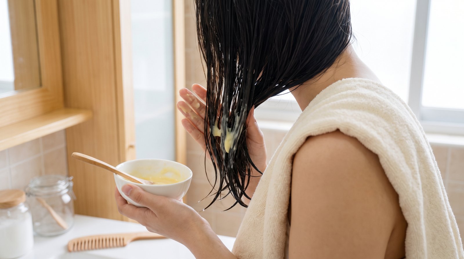 Bàn tay thoa hỗn hợp trứng gà và mật ong lên phần thân tóc ẩm, tập trung từ giữa tóc xuống ngọn