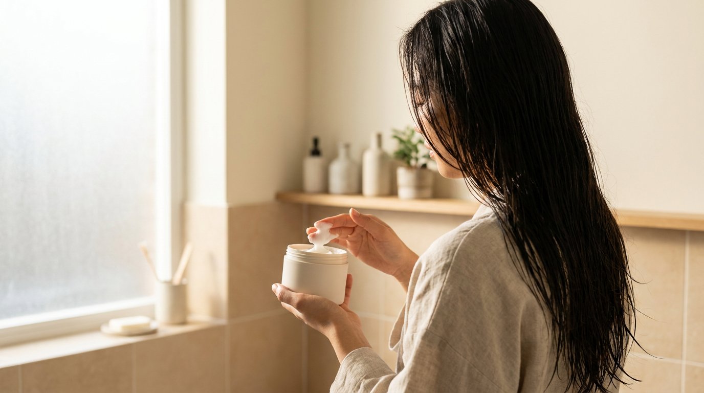 Cô gái thoa kem ủ lên phần đuôi tóc sau khi gội đầu
