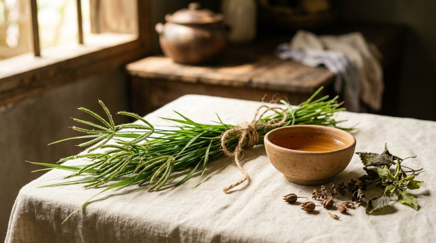 Bó cỏ mần trầu tươi và bát nước gội đầu thảo dược đặt trên khăn vải mộc