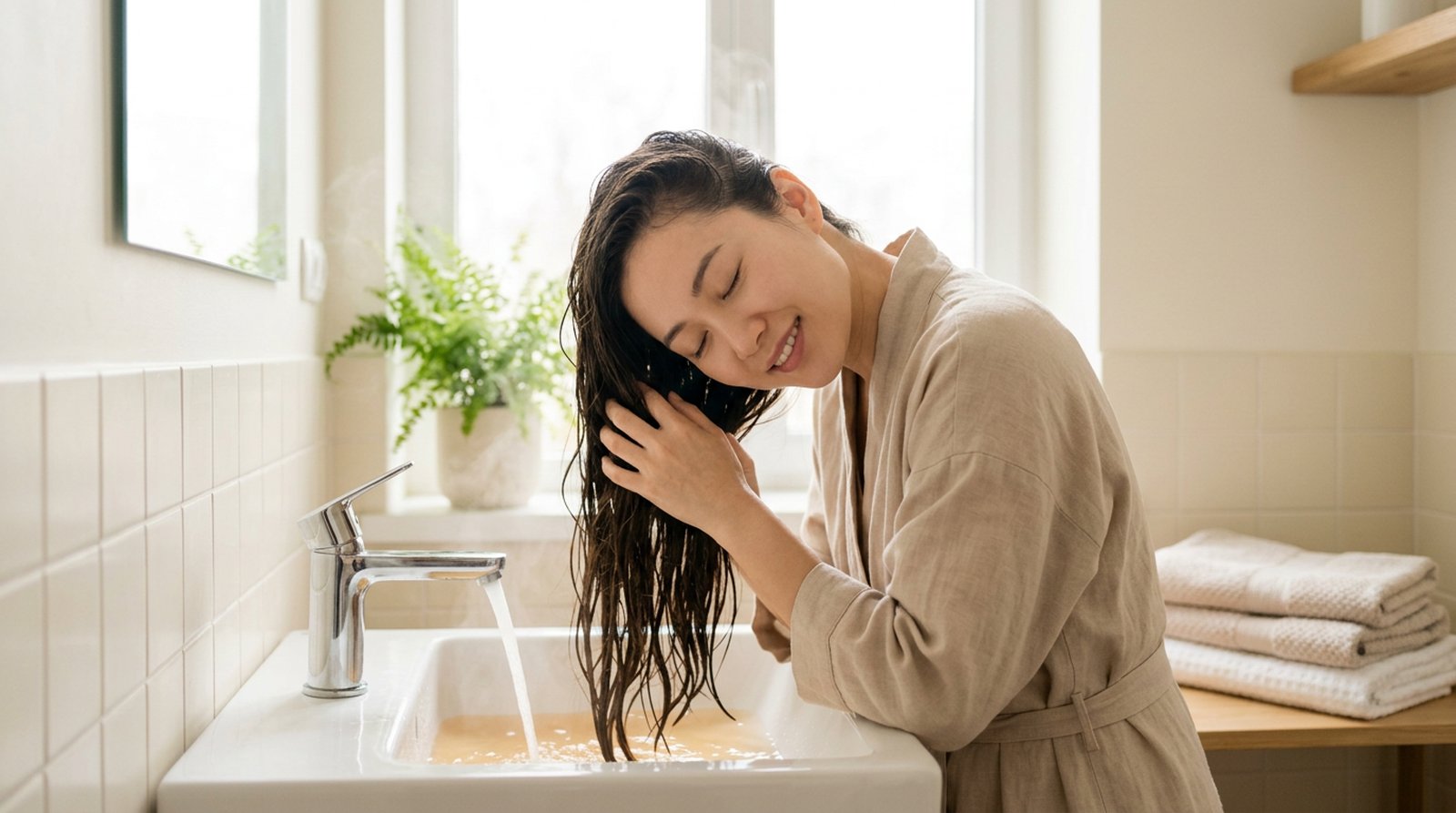 Người phụ nữ trẻ xoa bóp da đầu khi gội bằng nước cỏ mần trầu ấm
