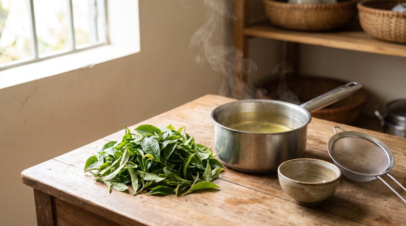 Lá trà xanh tươi và nồi nước gội đầu nấu từ lá trà xanh