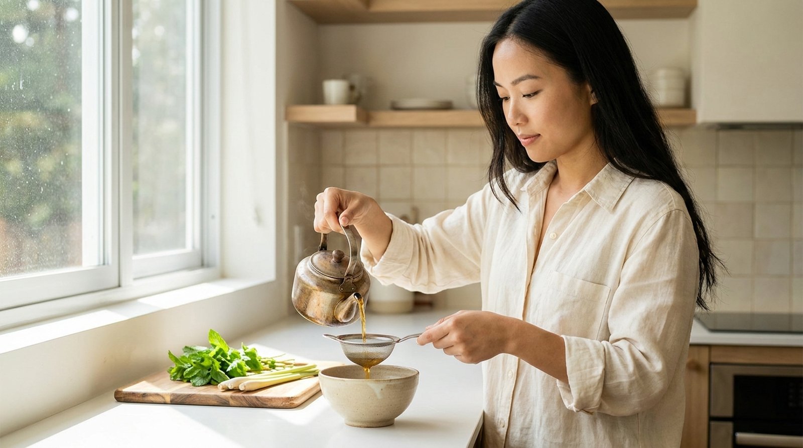 Người phụ nữ trẻ lọc nước cỏ mần trầu vừa nấu qua rây vào bát sứ