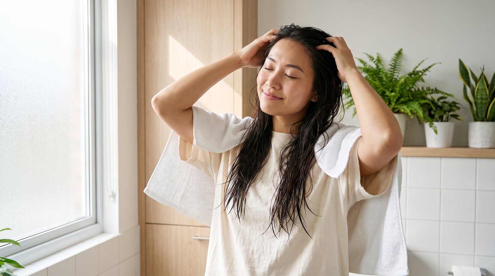 Cô gái Việt trẻ massage da đầu nhẹ nhàng sau khi gội bằng nước trà xanh