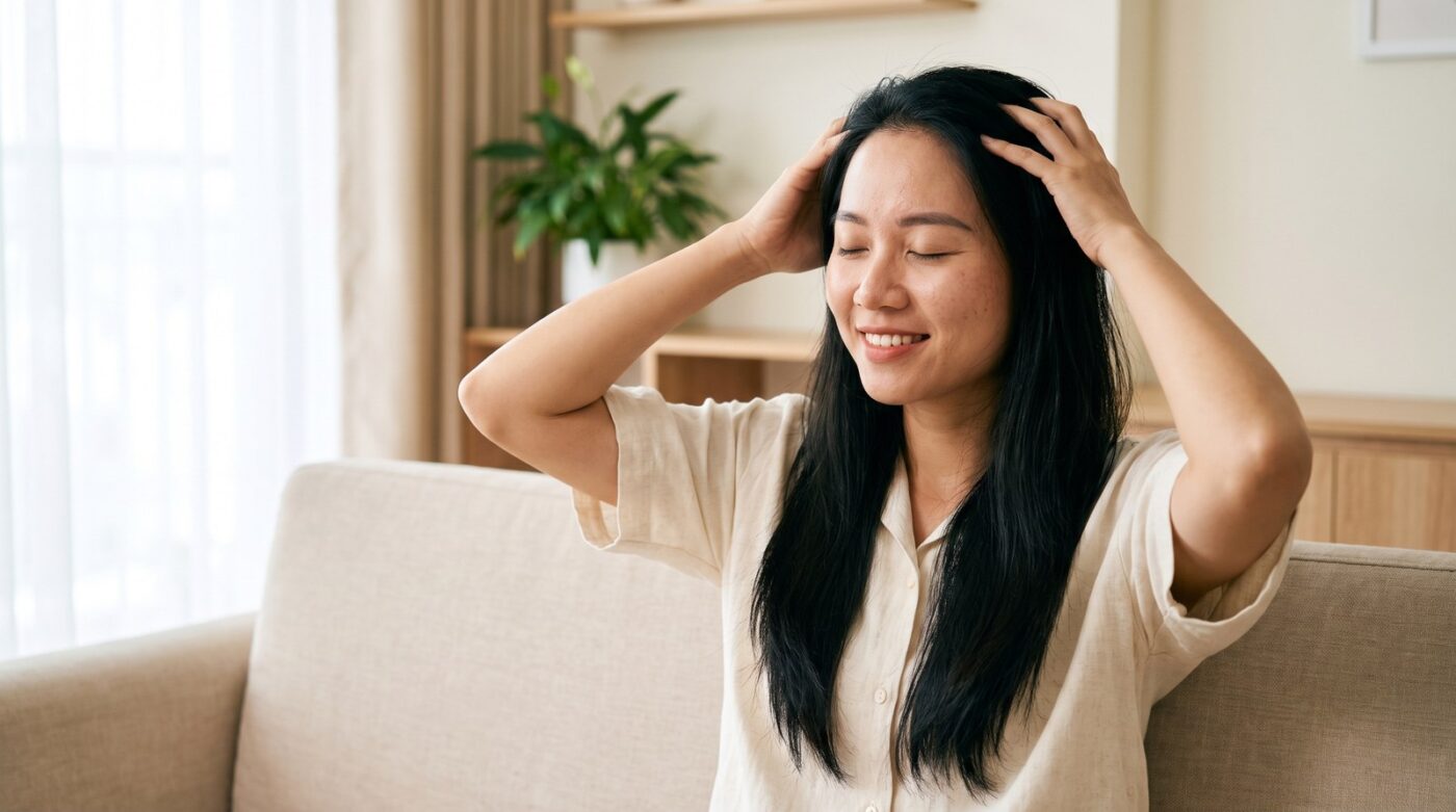 Cô gái Việt trẻ ngồi thư giãn tự massage da đầu bằng đầu ngón tay tại nhà