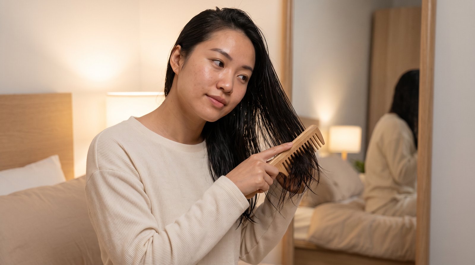 Chải tóc còn ẩm bằng lược gỗ răng thưa trước gương phòng ngủ buổi tối