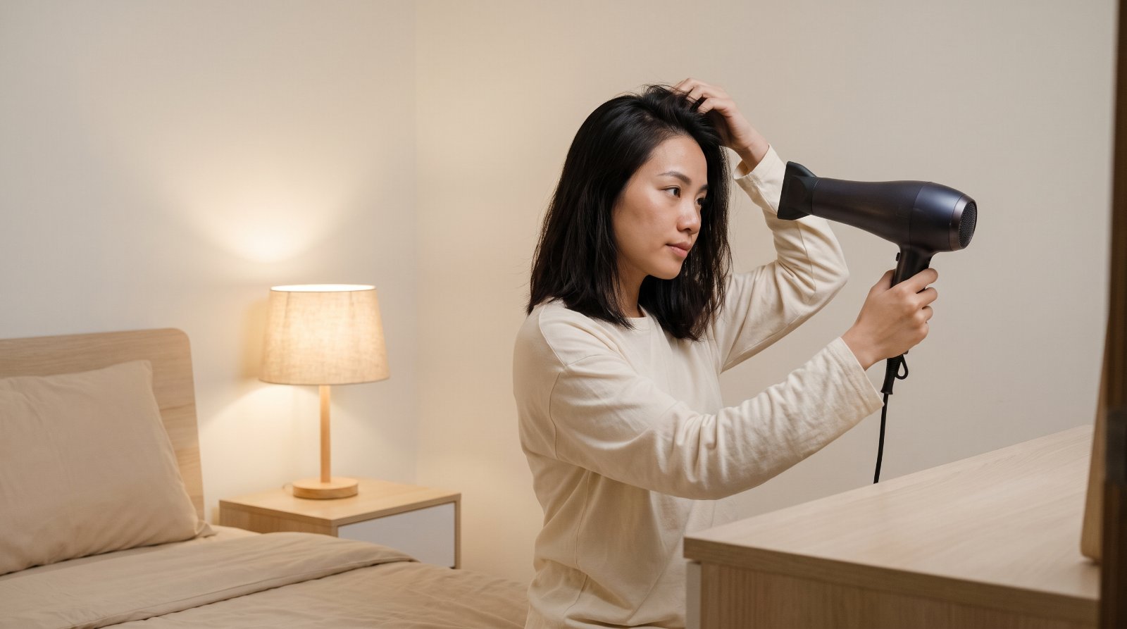 Sấy khô phần chân tóc và vùng gáy bằng máy sấy trước khi đi ngủ