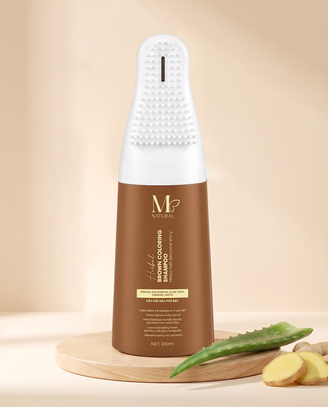 Chai dầu gội nâu phủ bạc thảo dược M Natural 200ml với nắp gai silicone