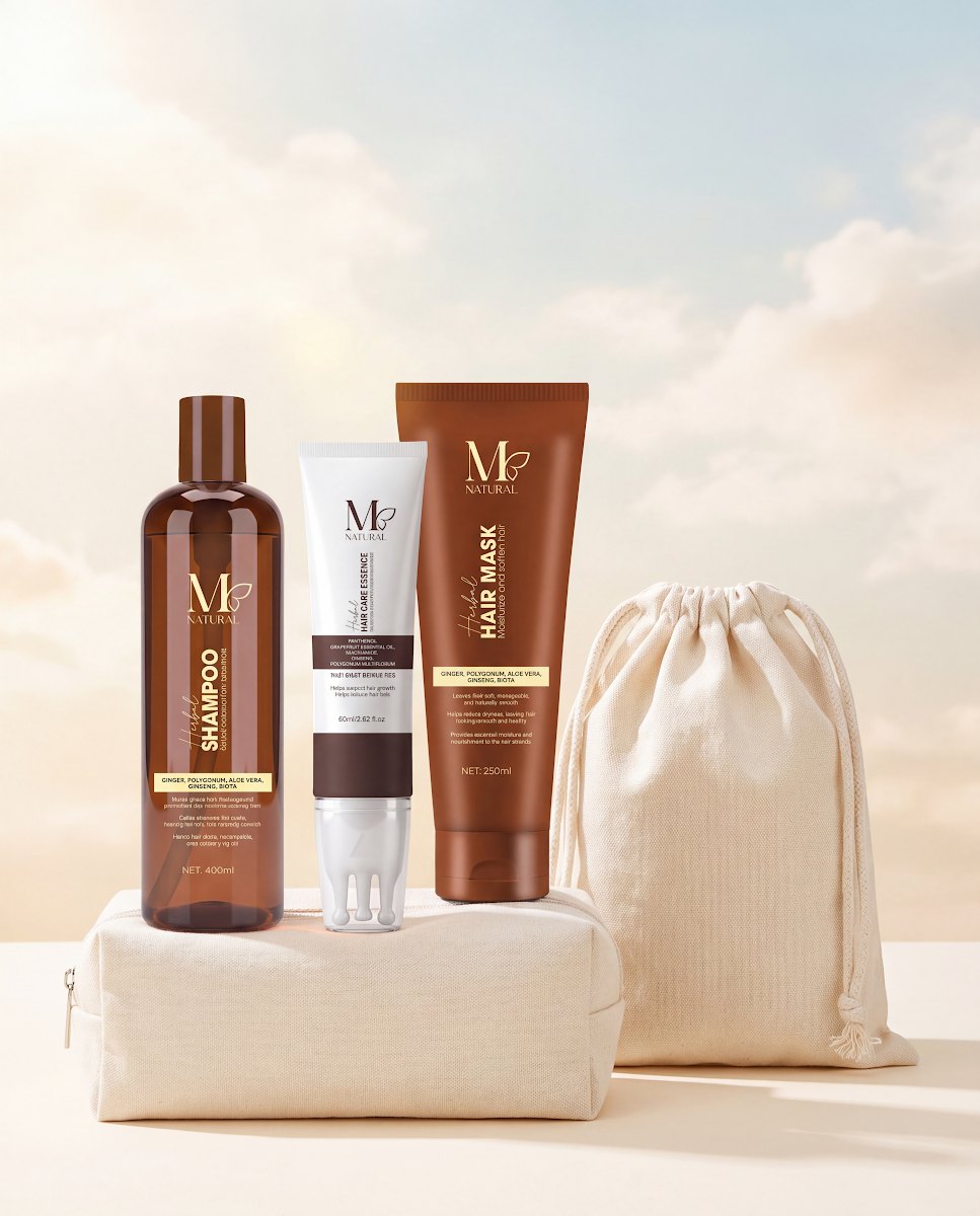 Bộ sản phẩm chăm sóc tóc M Natural cùng túi vải trên nền trời