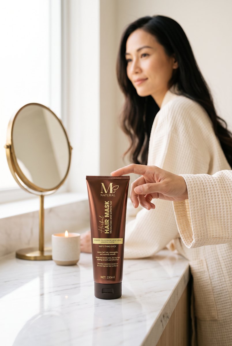Cô gái Việt bên gương cầm tuýp hấp ủ tóc thảo dược M Natural