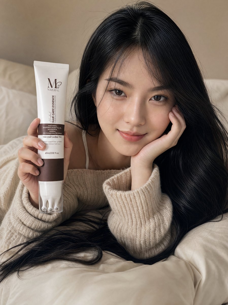 Cô gái Việt trẻ nằm thư giãn cầm sản phẩm chăm sóc tóc M Natural