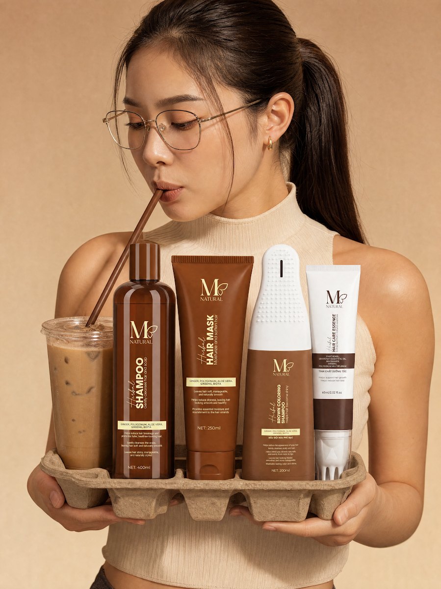 Cô gái Việt trẻ bưng khay đầy đủ bộ sản phẩm chăm sóc tóc M Natural