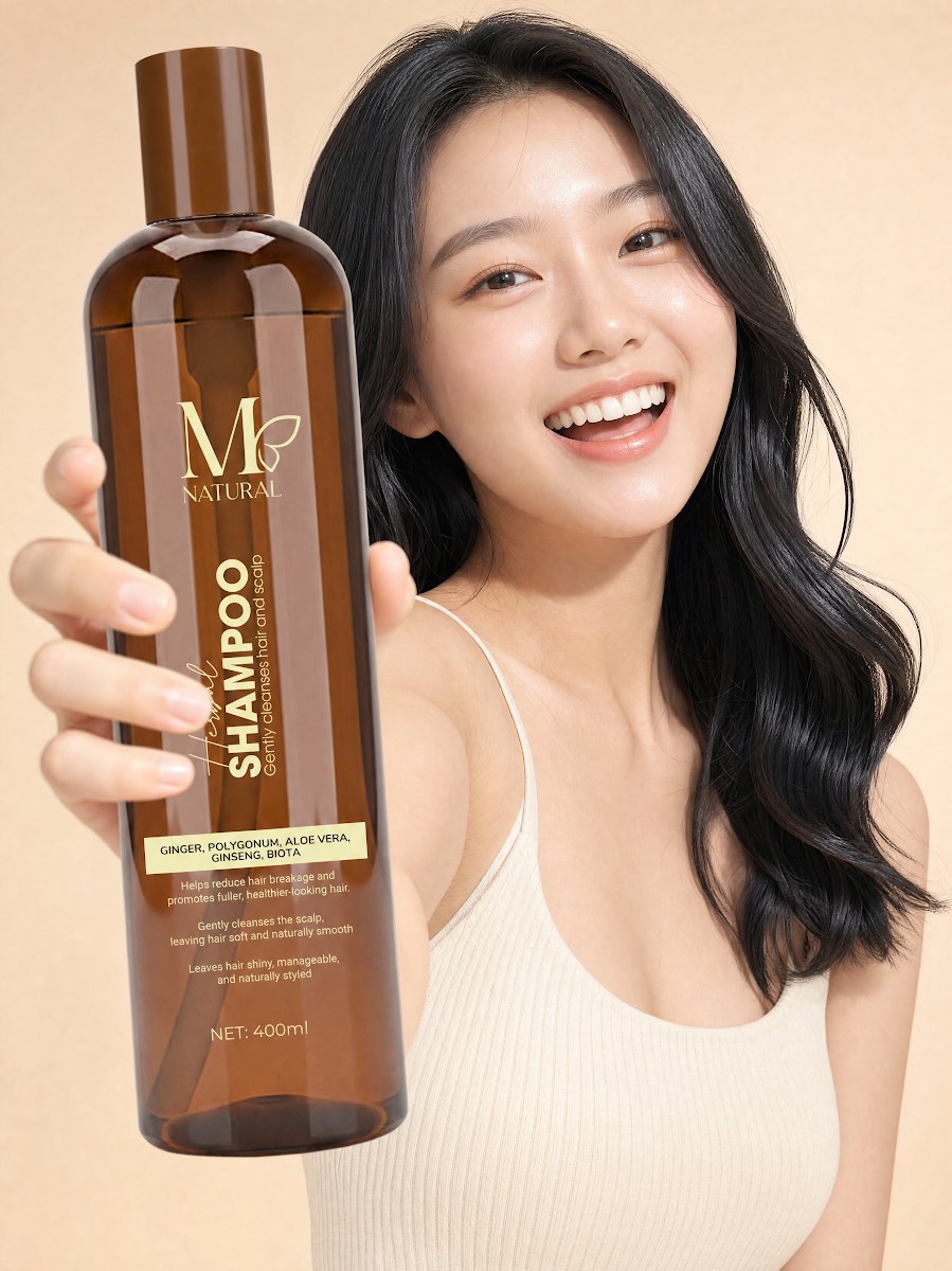 Cô gái Việt trẻ tươi cười cầm chai dầu gội thảo dược M Natural 400ml