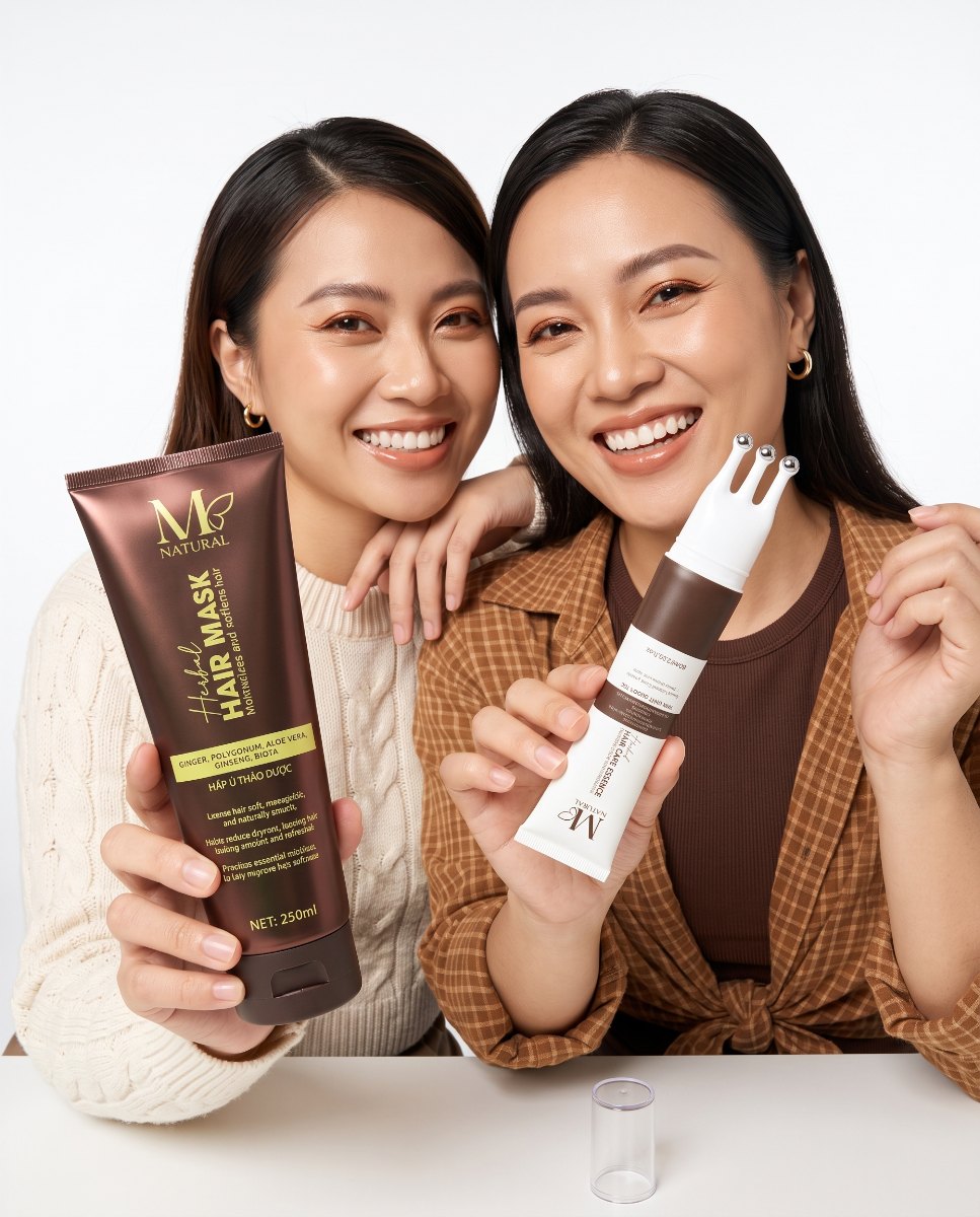 Hai cô gái Việt cầm hấp ủ và tinh chất dưỡng tóc M Natural