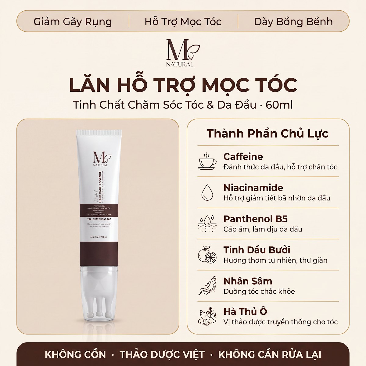 Thành phần chủ lực của lăn hỗ trợ mọc tóc M Natural, không cồn và không cần rửa lại