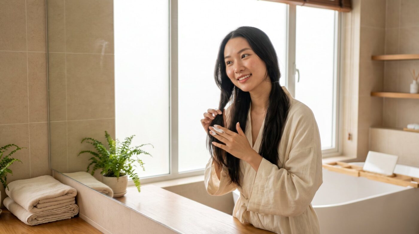 Nên hấp tóc nóng hay lạnh: thoa kem hấp lên phần đuôi tóc trước gương