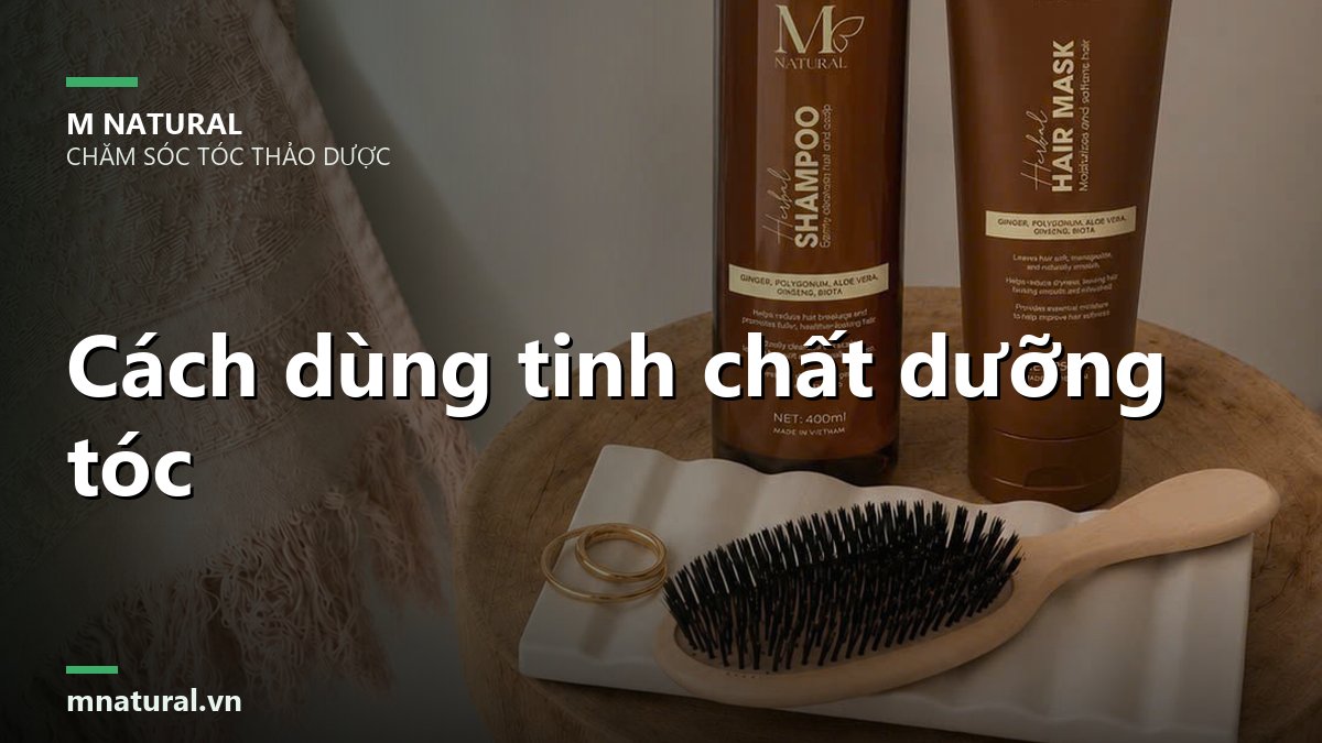 Ảnh bìa bài viết cách dùng tinh chất dưỡng tóc, nền lược và sản phẩm