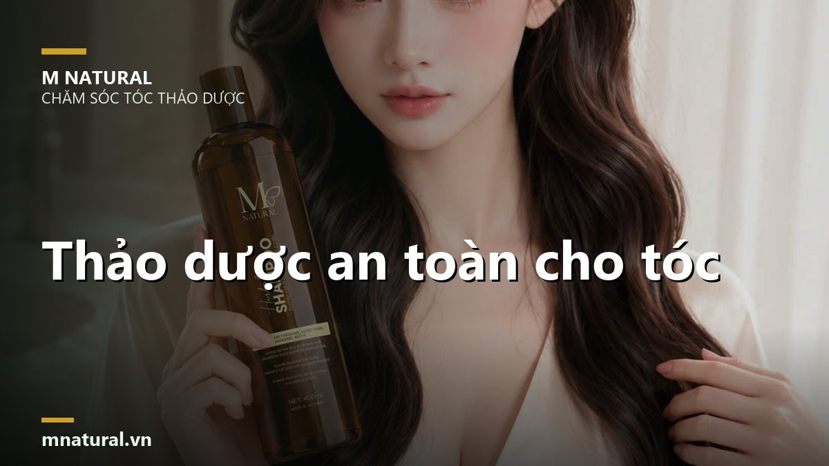 Ảnh bìa bài viết thảo dược an toàn cho tóc, nền cô gái cầm chai dầu gội