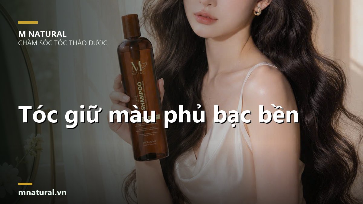 Ảnh bìa bài giữ màu phủ bạc bền, nền cô gái cầm chai dầu gội