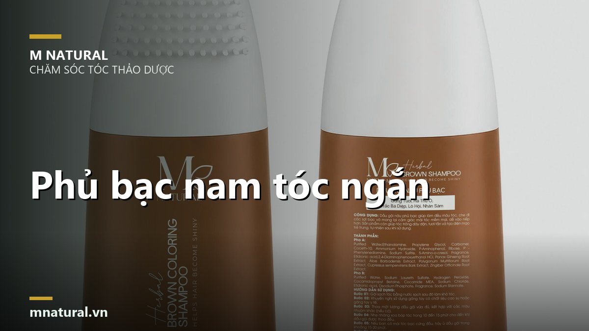 Ảnh bìa bài phủ bạc cho nam tóc ngắn, nền hai chai dầu gội