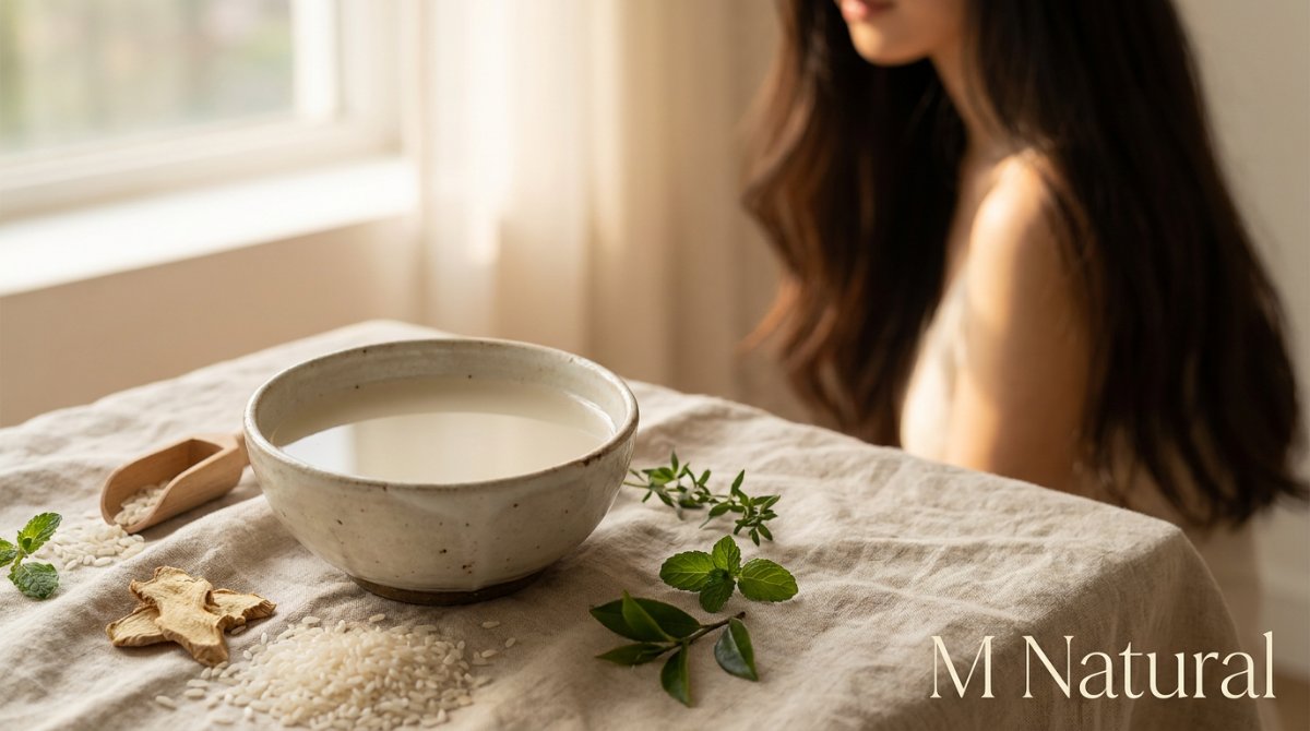 Bát nước vo gạo và lá thảo dược trên bàn, cô gái ngồi bên cửa sổ