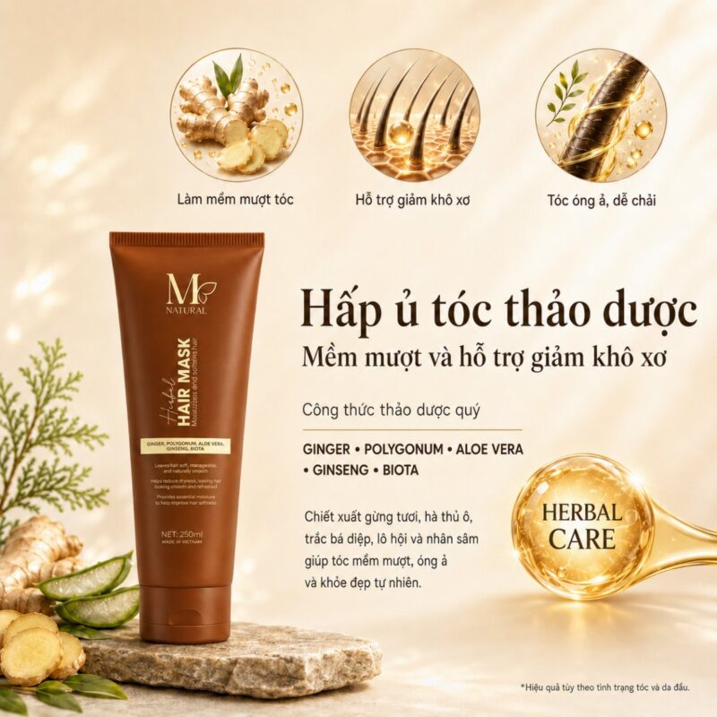 Đồ họa giới thiệu kem hấp ủ tóc thảo dược M Natural cùng củ gừng
