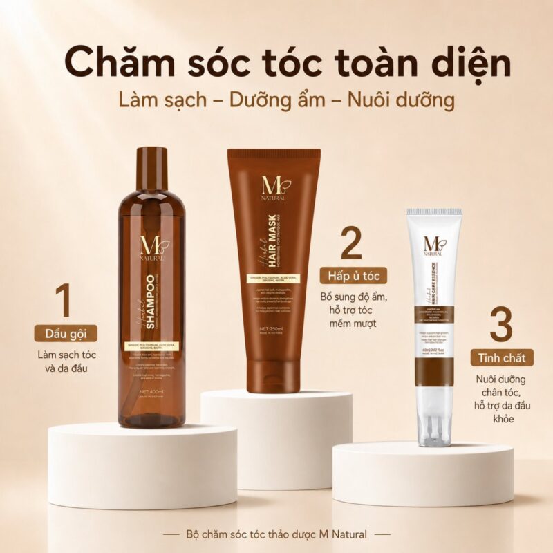 Đồ họa ba bước chăm sóc tóc với dầu gội, kem hấp ủ và tinh chất
