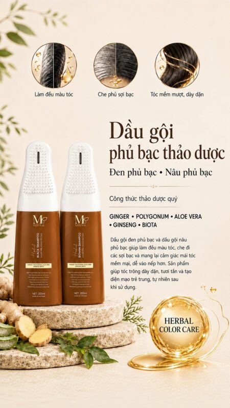 Đồ họa hai chai dầu gội phủ bạc đen và nâu của M Natural