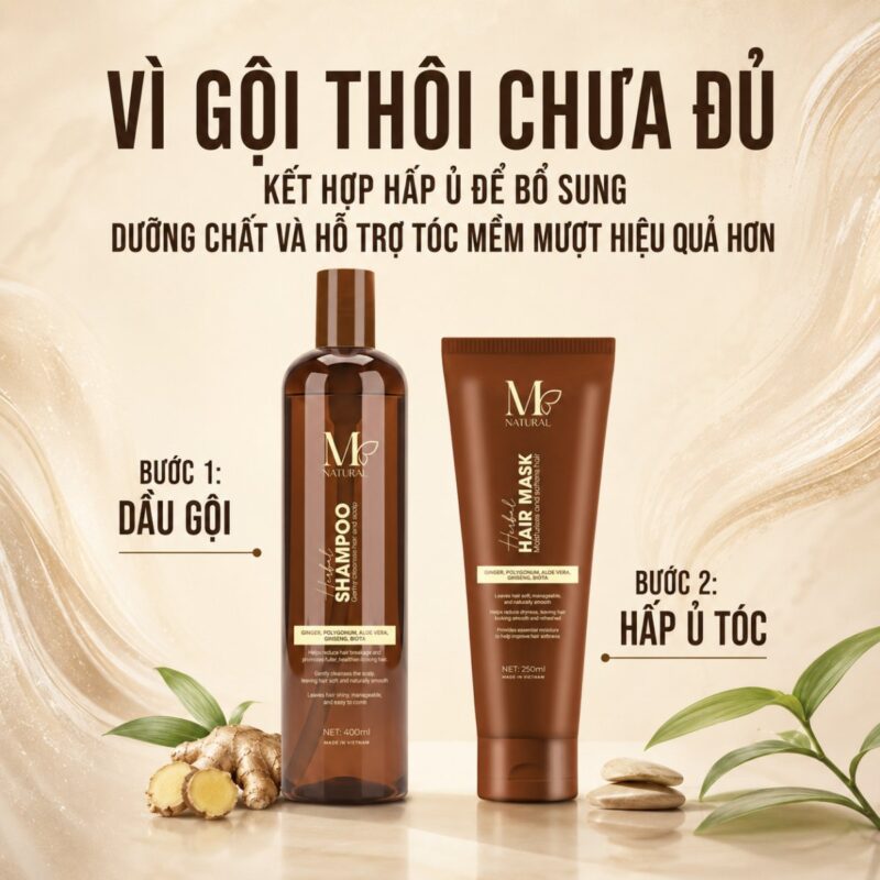 Đồ họa hai bước gội đầu và hấp ủ tóc với sản phẩm M Natural