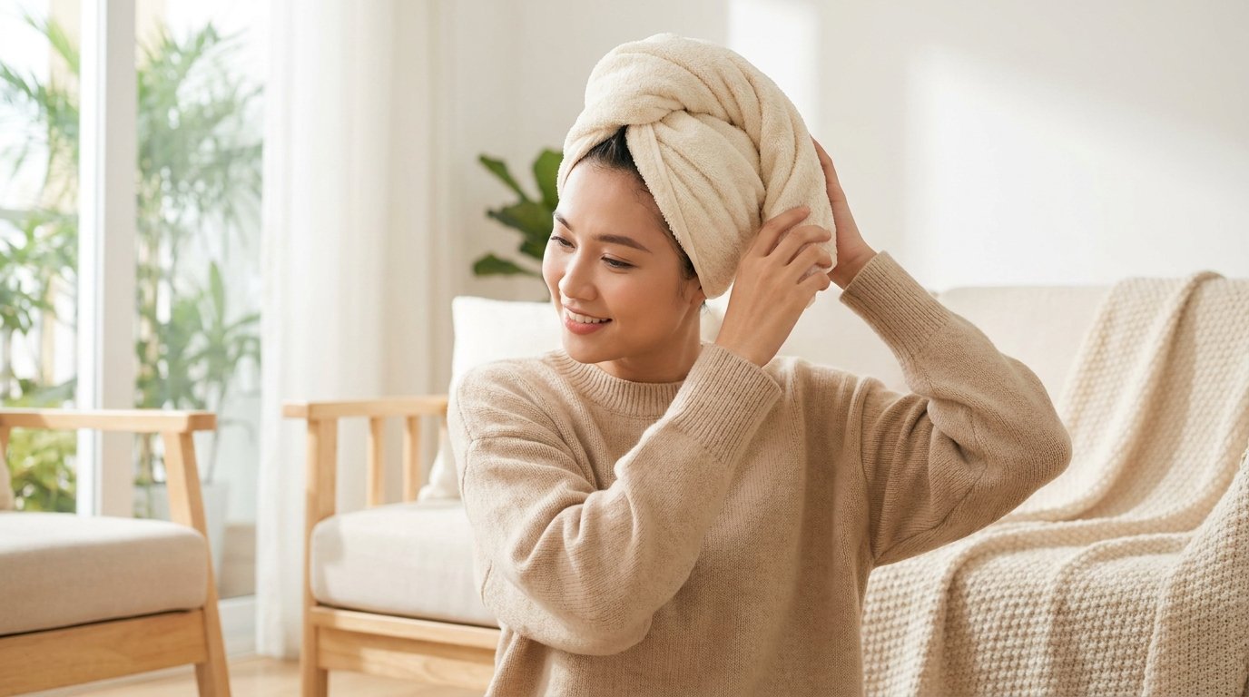 Cô gái trùm khăn ủ tóc trong 10 đến 15 phút