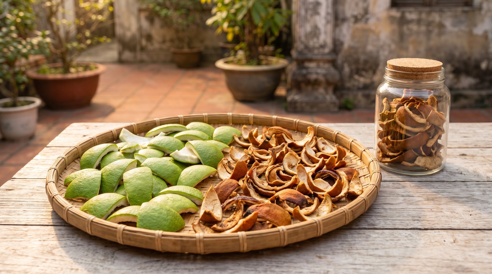 Mẹt tre phơi một nửa vỏ bưởi tươi và một nửa vỏ bưởi đã phơi khô, cạnh lọ thủy tinh đựng vỏ khô