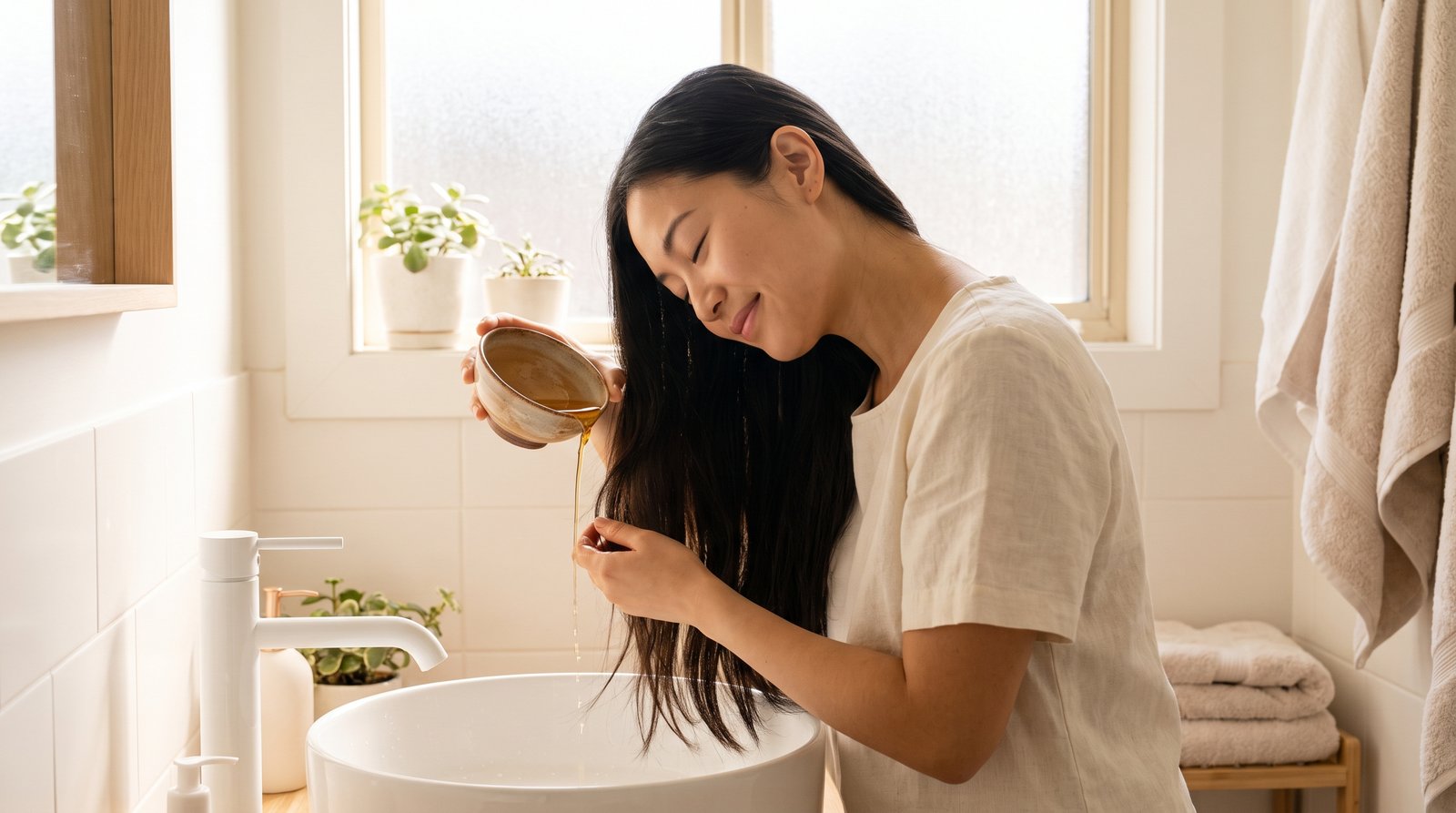 Cô gái Việt trẻ xả tóc dài bằng nước bồ kết ấm bên bồn rửa