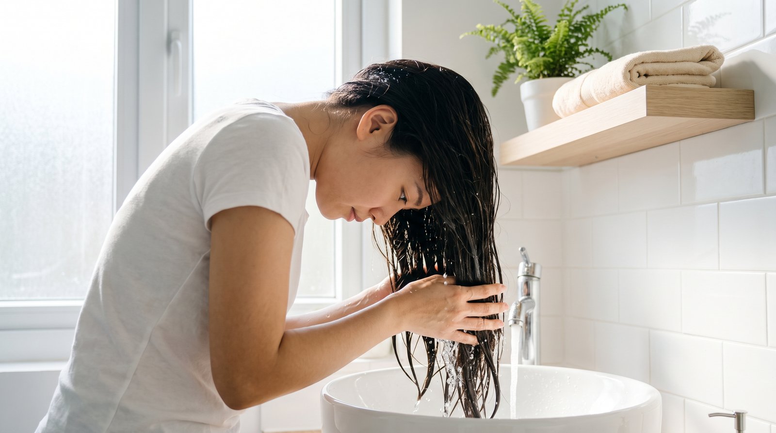 Cô gái xả tóc bằng nước mát ở bồn rửa sau khi ủ tóc bằng trứng gà để tránh mùi tanh