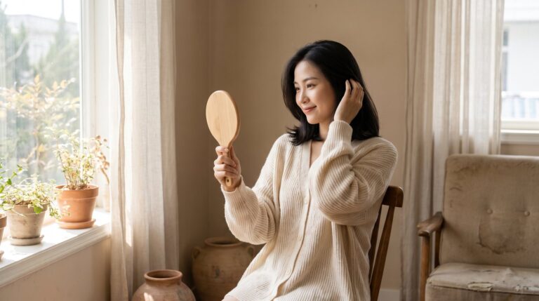 Người phụ nữ cầm gương nhỏ soi đường ngôi tóc bên cửa sổ