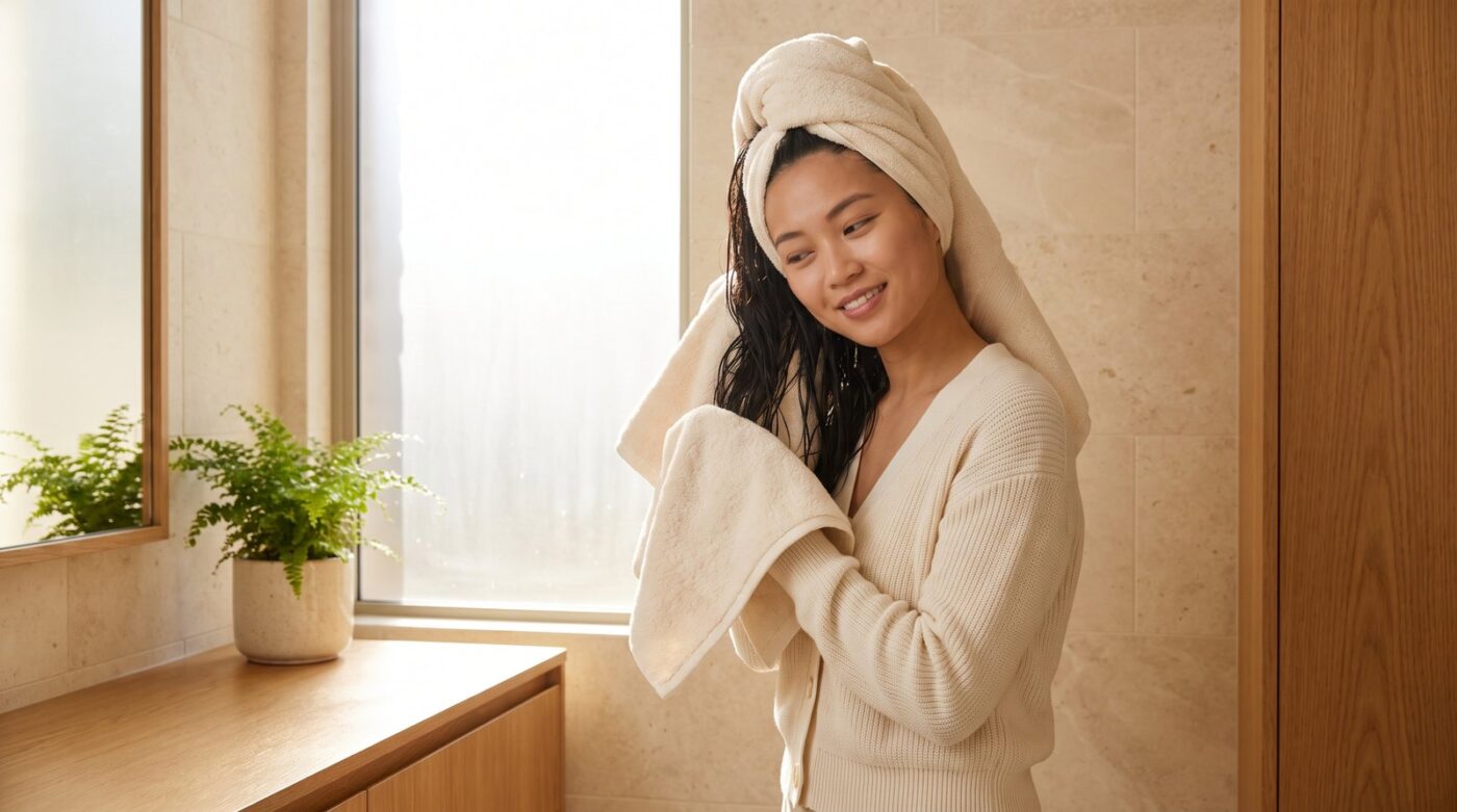 Người phụ nữ thấm khô tóc bằng khăn bông mềm sạch