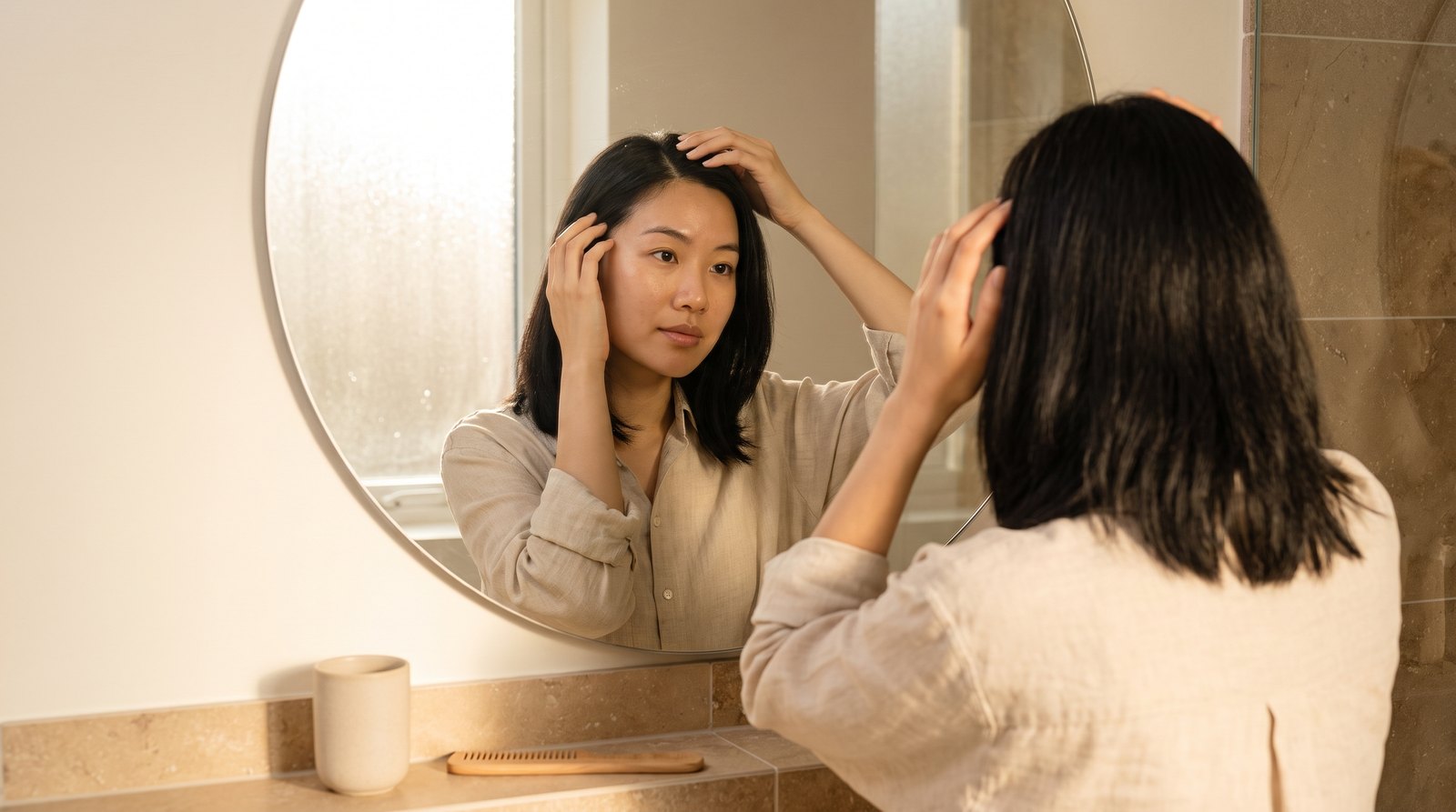 Người phụ nữ soi da đầu trước gương vì gãi da đầu ra bột trắng
