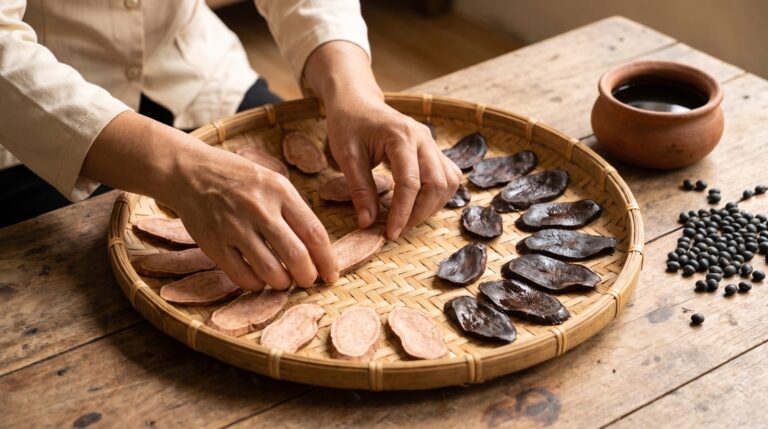 Bàn tay xếp lát hà thủ ô sống và hà thủ ô đã chế lên nia tre, bên cạnh nồi nước đậu đen