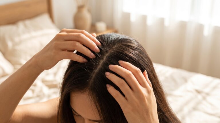 Bàn tay vén tóc lên để xem chân tóc ở đỉnh đầu