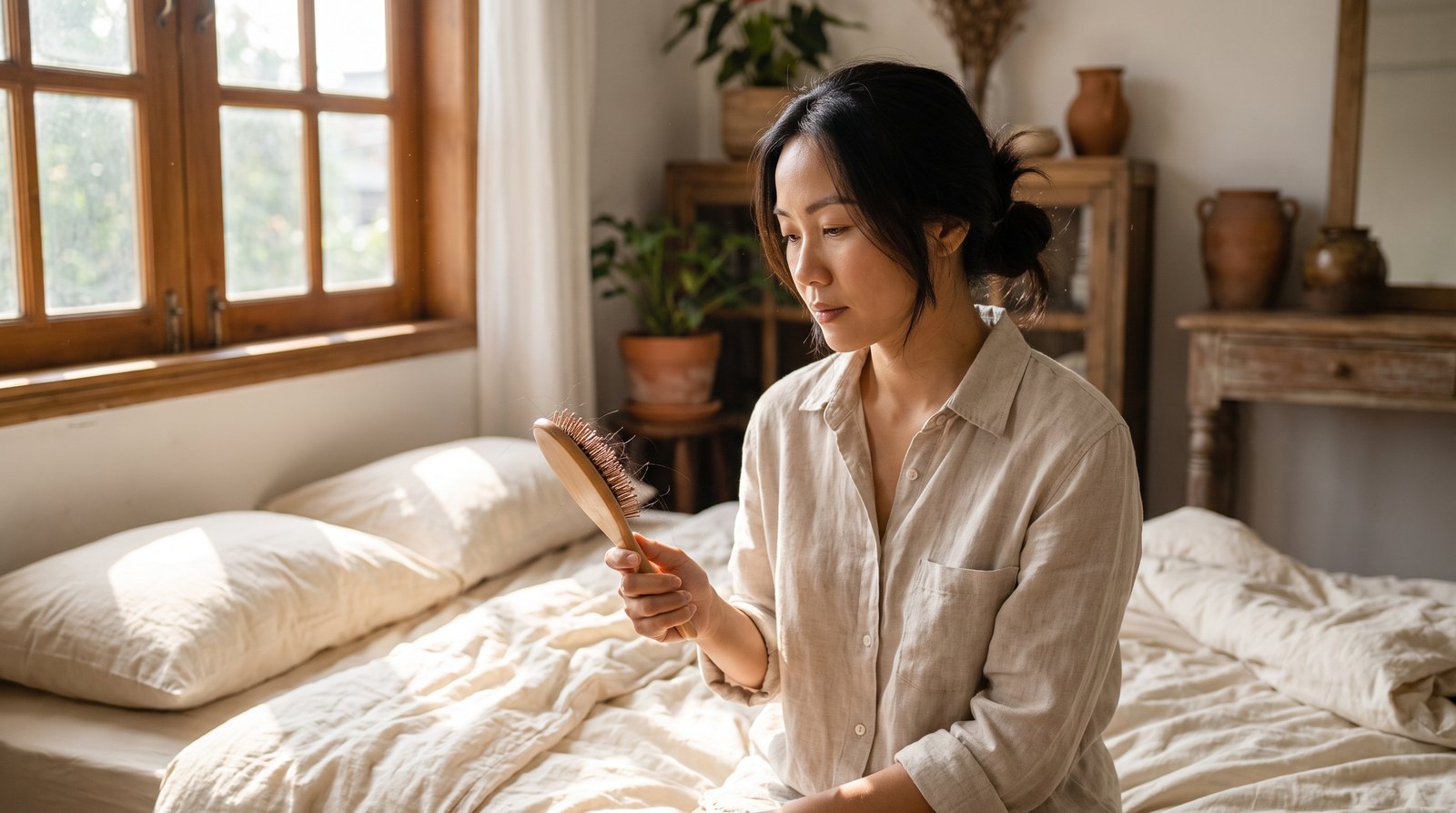 Người phụ nữ nhìn những sợi tóc rụng mắc trên lược gỗ