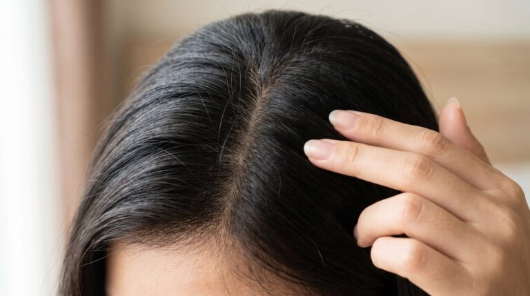 Rẽ ngôi tóc để soi chân tóc và da đầu tìm hạt trắng