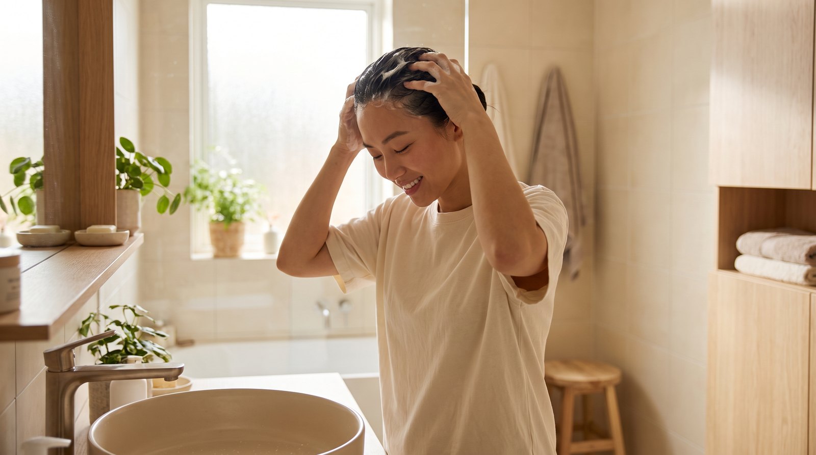Cô gái massage da đầu bằng đầu ngón tay khi gội đầu