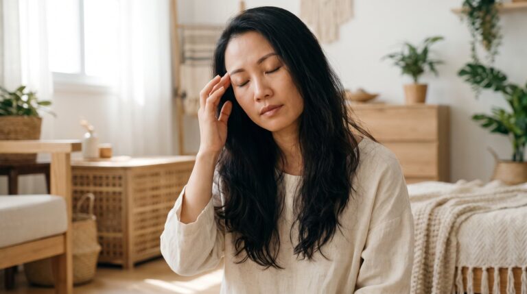 Người phụ nữ đặt tay lên thái dương vì da đầu ê buốt
