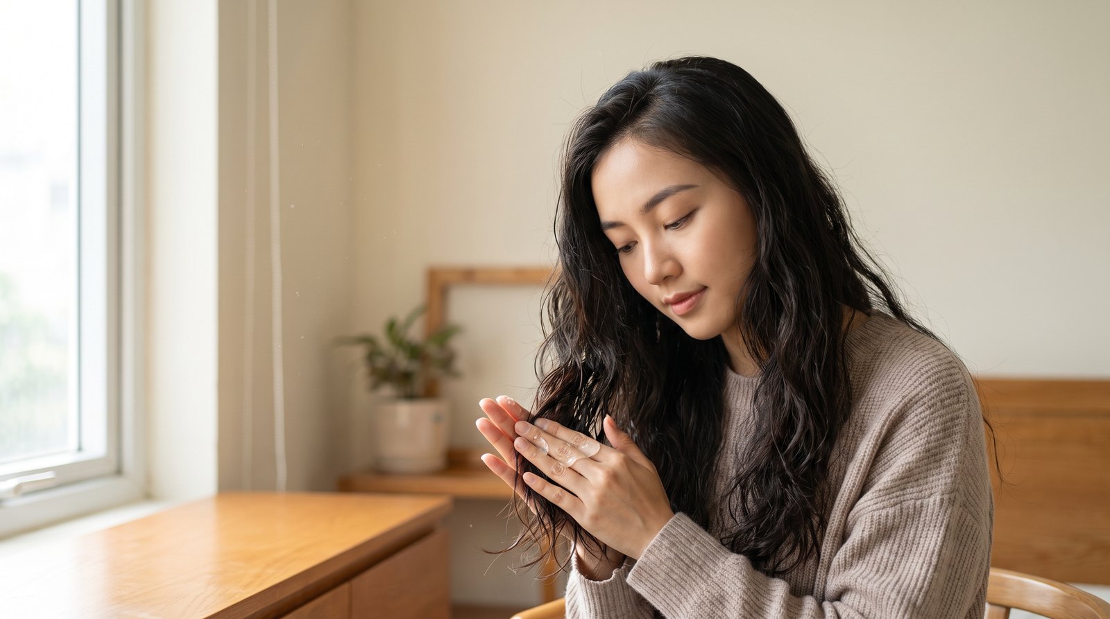 Thoa gel hạt bưởi lên phần giữa thân tóc và ngọn khi tóc còn ẩm