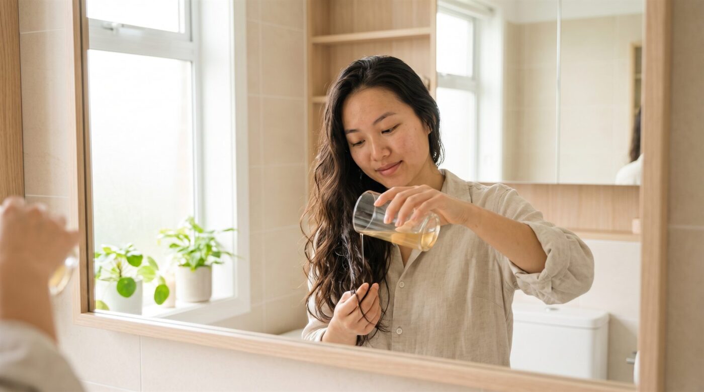 Cô gái thoa nước bia đã bay bớt ga lên thân tóc trong phòng tắm sáng
