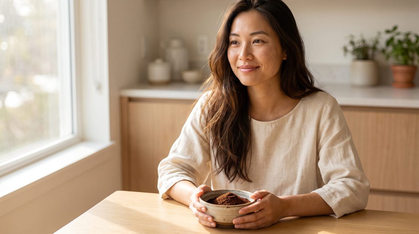 Gội đầu bằng cà phê, bát bã cà phê xay trong bếp sáng