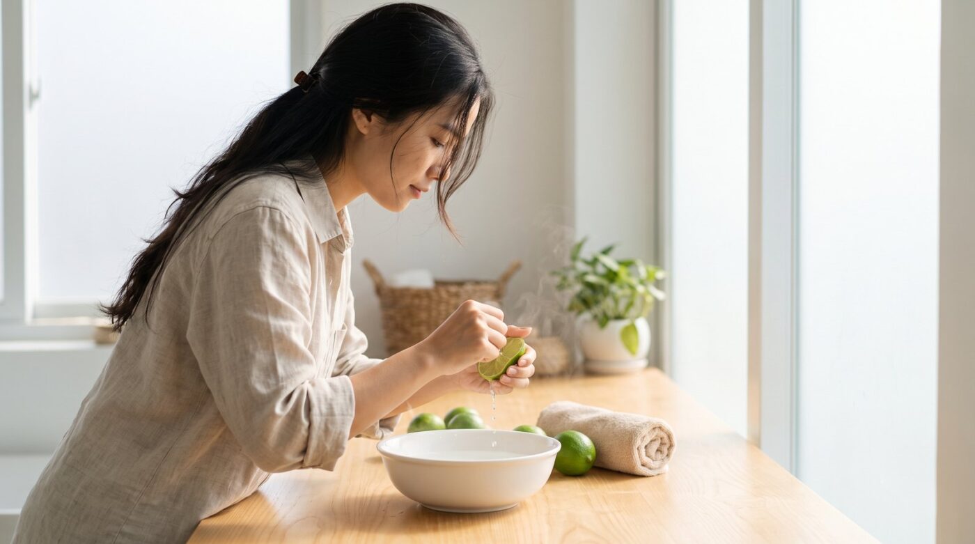 Phụ nữ vắt chanh vào bát nước ấm để gội đầu